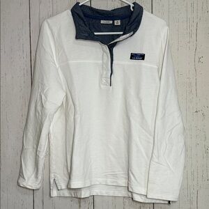 LL Bean Soft Cotton 1/4 Button Pullover Sweater Small Long Sleeve Logo White PM
